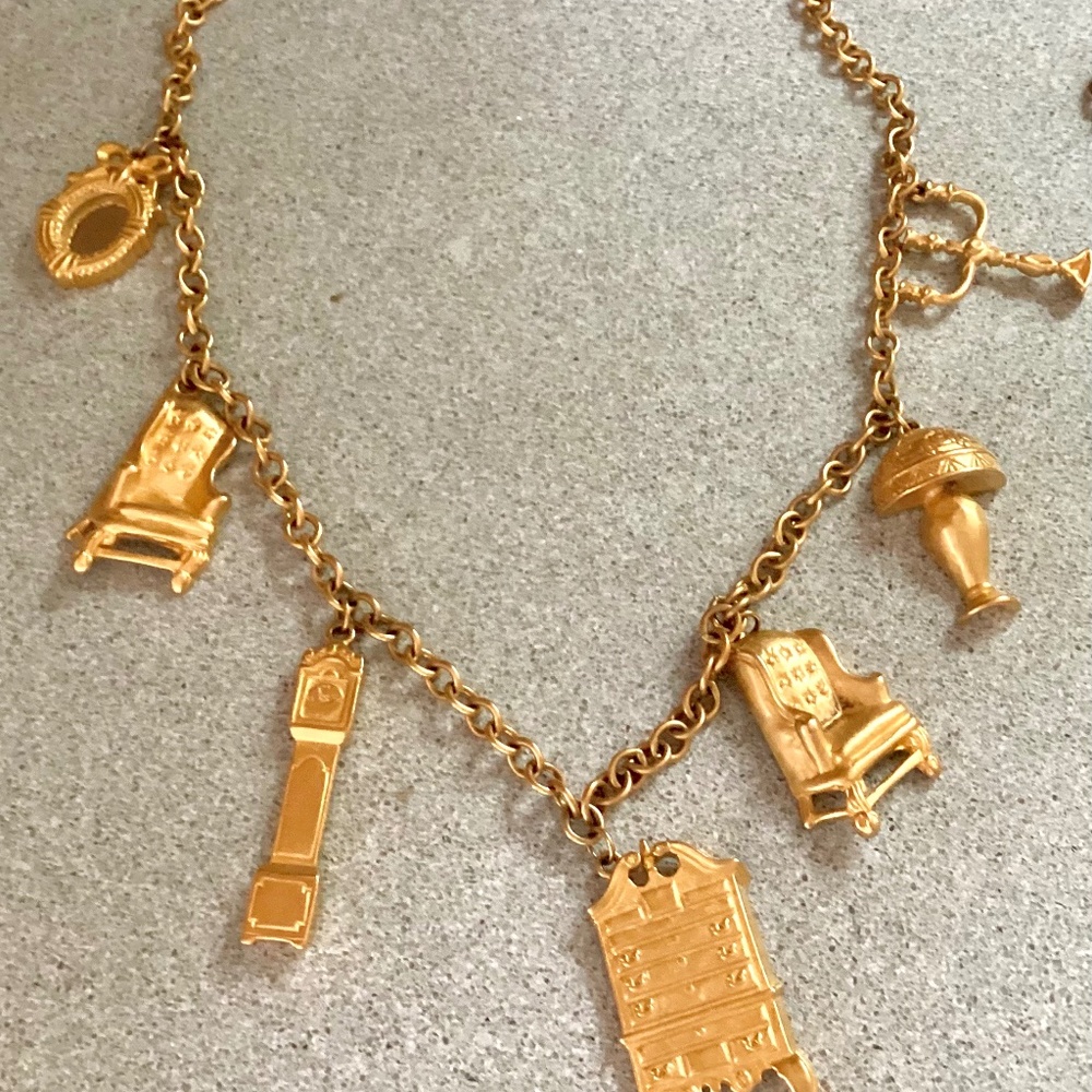 Vintage gold tone chain charm ( clock mirror armchair lamp) statement necklace